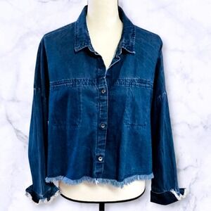 Guess Blue Denim Drop Shoulder Boxy Frayed Hem Jacket/Top in Medium